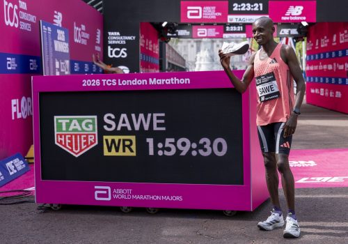 Sabastian Sawe (KEN) celebrates his World Record in an official time of 01:59:30 in the Elite Men’s Race during the TCS London Marathon on Sunday 26th April 2026. Photo: Shaun Brooks for London Marathon Events
